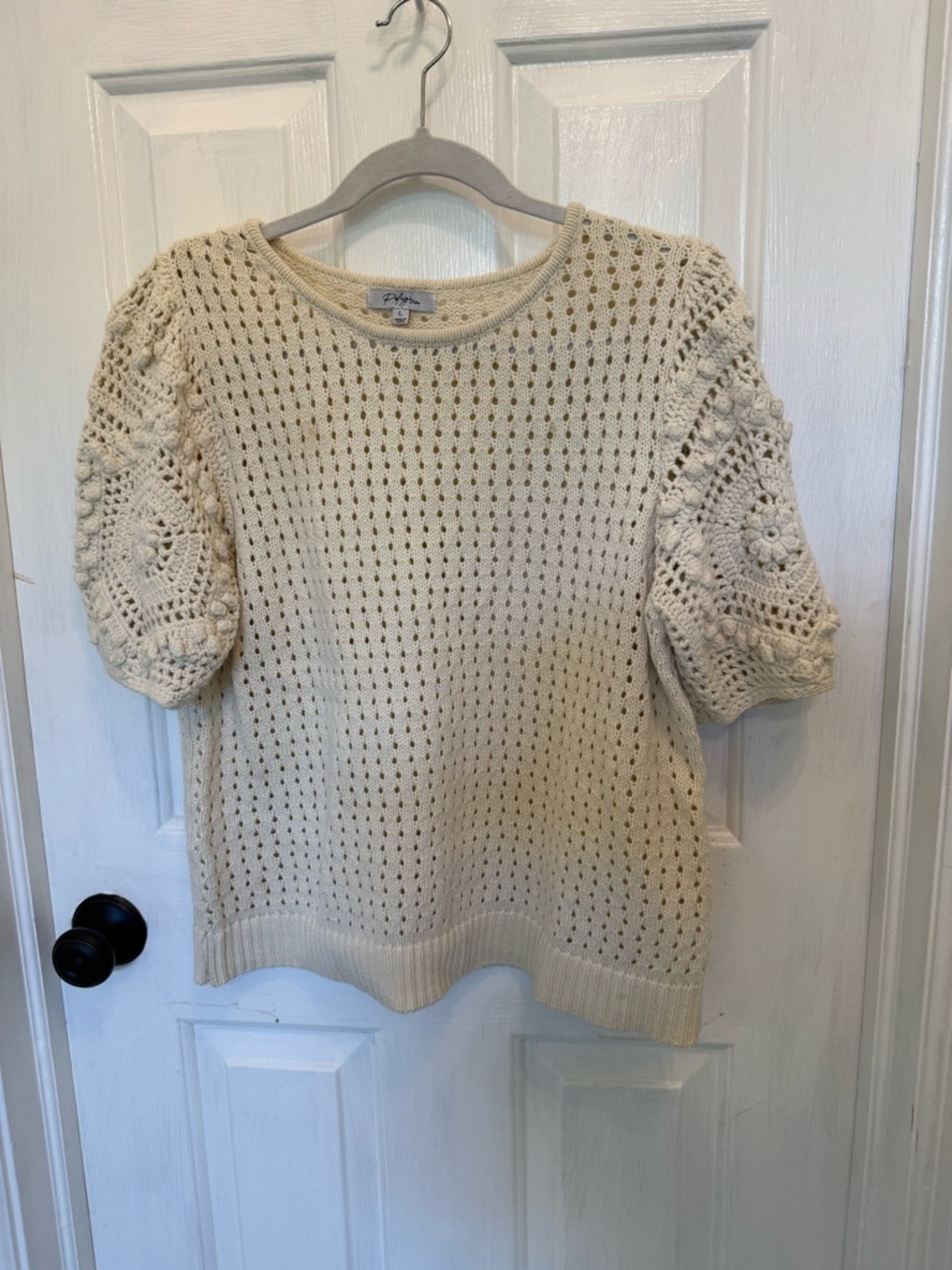 Polagram Cream Crochet Puff-Sleeve Crew Sweater